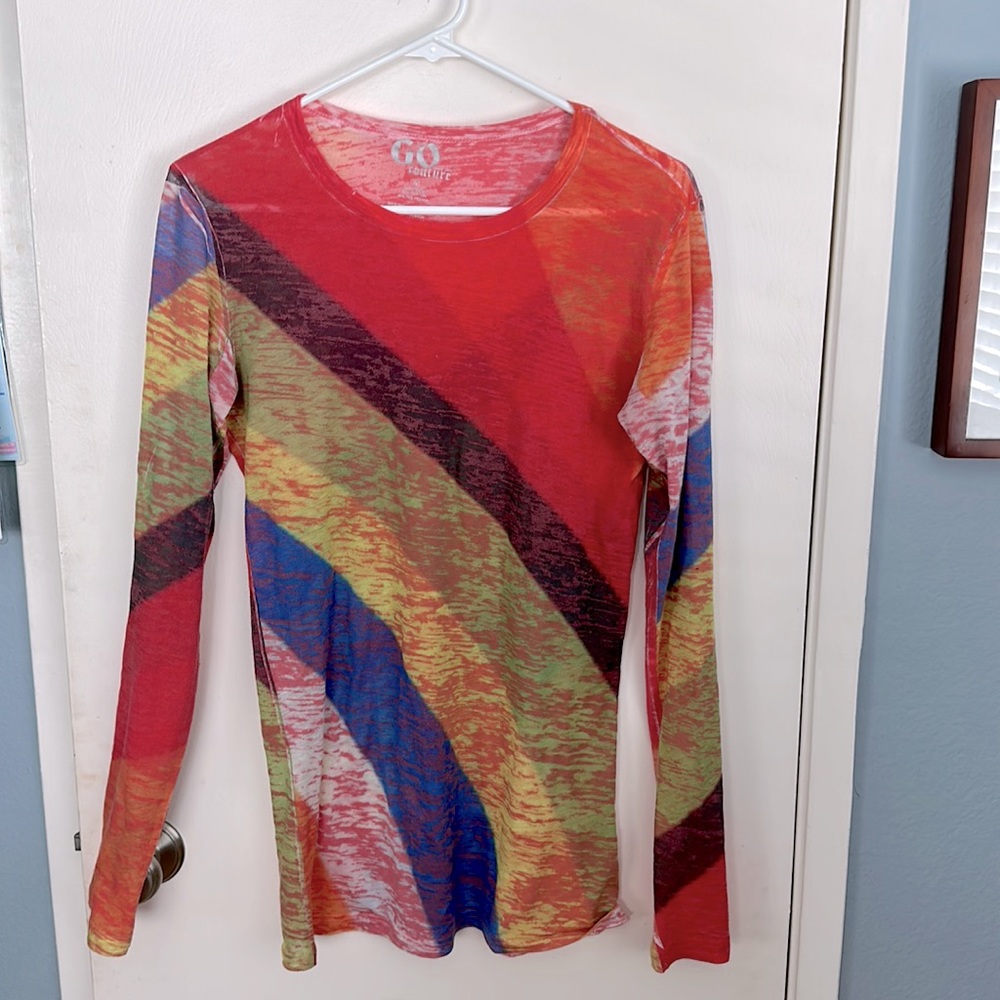Go Couture Semi-Sheer Multi- Colored Top - Sz M